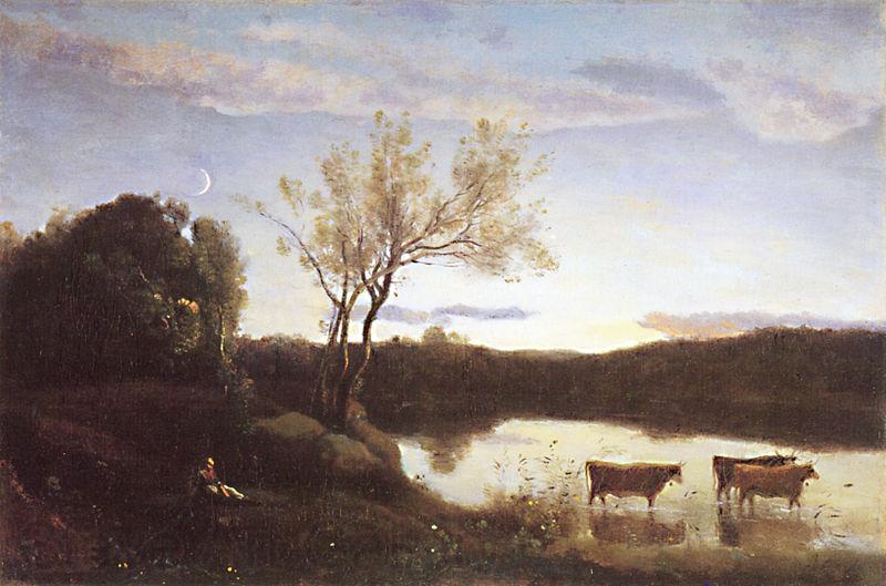 Jean Baptiste Camille  Corot L'Etang aux trois Vaches et au Croissant de Lune